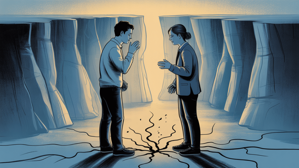 a symbolic illustration depicting two people communicationg