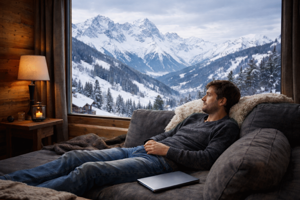 Muž leží na gauči v horském apartmánu a dívá se na zasněžené hory — klid, ale i lehká melancholie