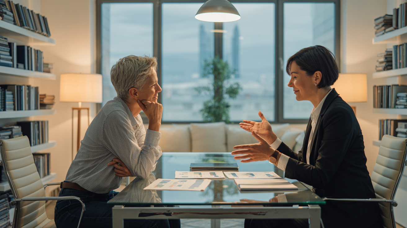 dve zeny sedi proti sobe a povidaji si