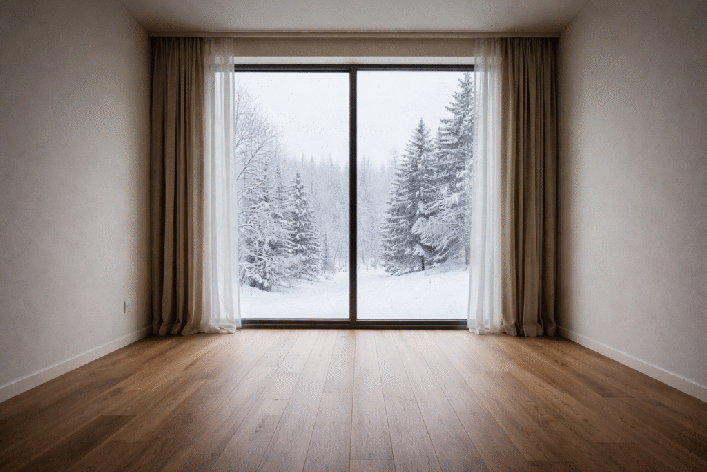 Proč jsem o Vánocích nestihl nic (a proč to není selhání)? 3 Prázdná místnost s oknem a zimní krajinou, symbol ticha.