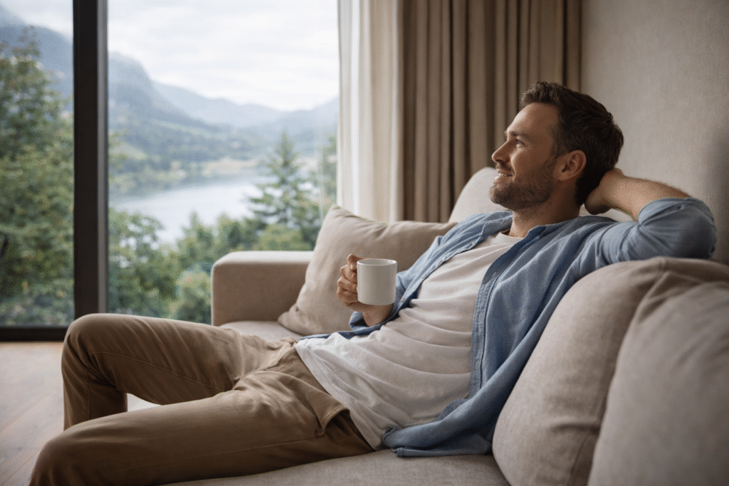 Proč jsem o Vánocích nestihl nic (a proč to není selhání)? 4 Uvolněný muž s hrnkem odpočívá na gauči a klidně hledí ven