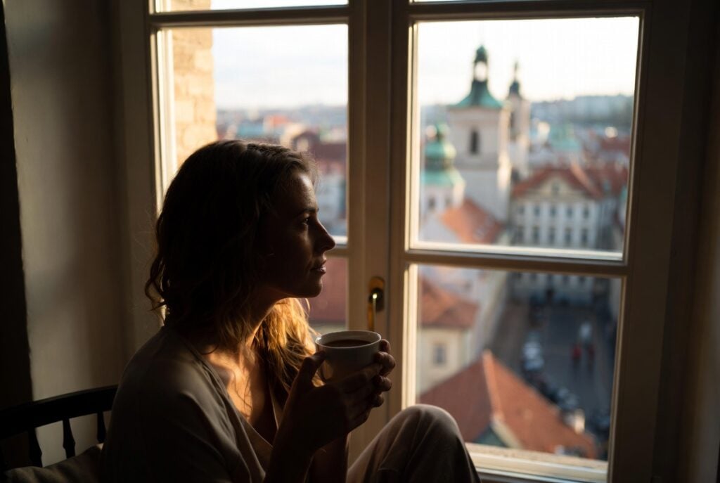 zena se smutne diva z okna a hleda cestu dale