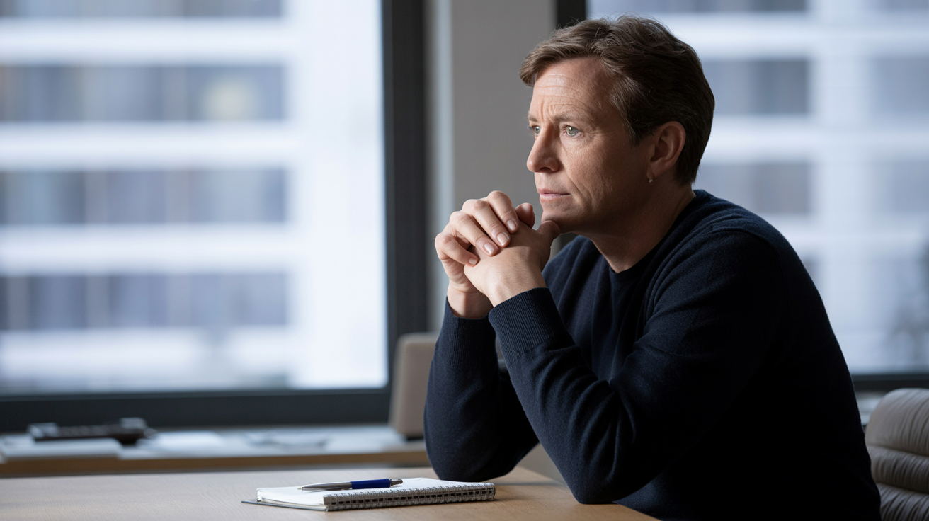 podnikatel sedi za stolem premysli