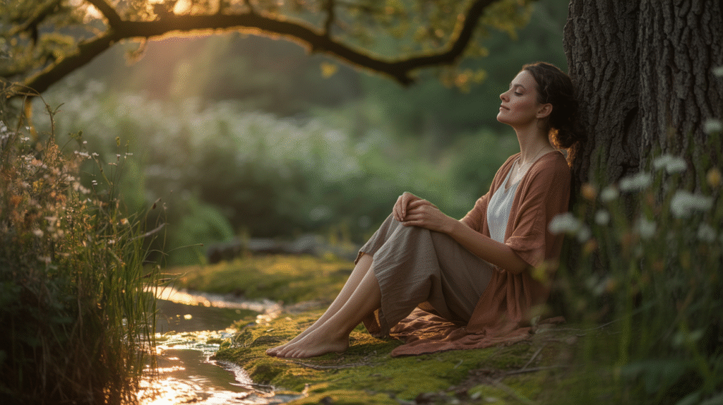 zena sedi u potoka a premysli