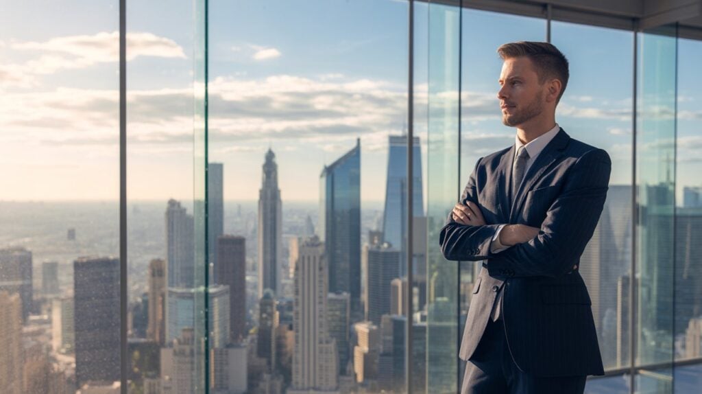 manazer stoji u okna a premysli