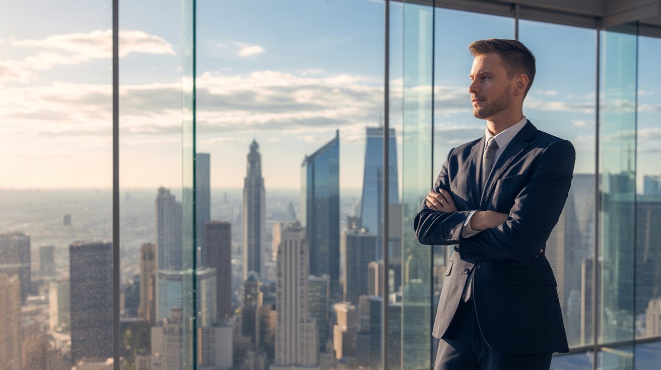 manazer stoji u okna a premysli